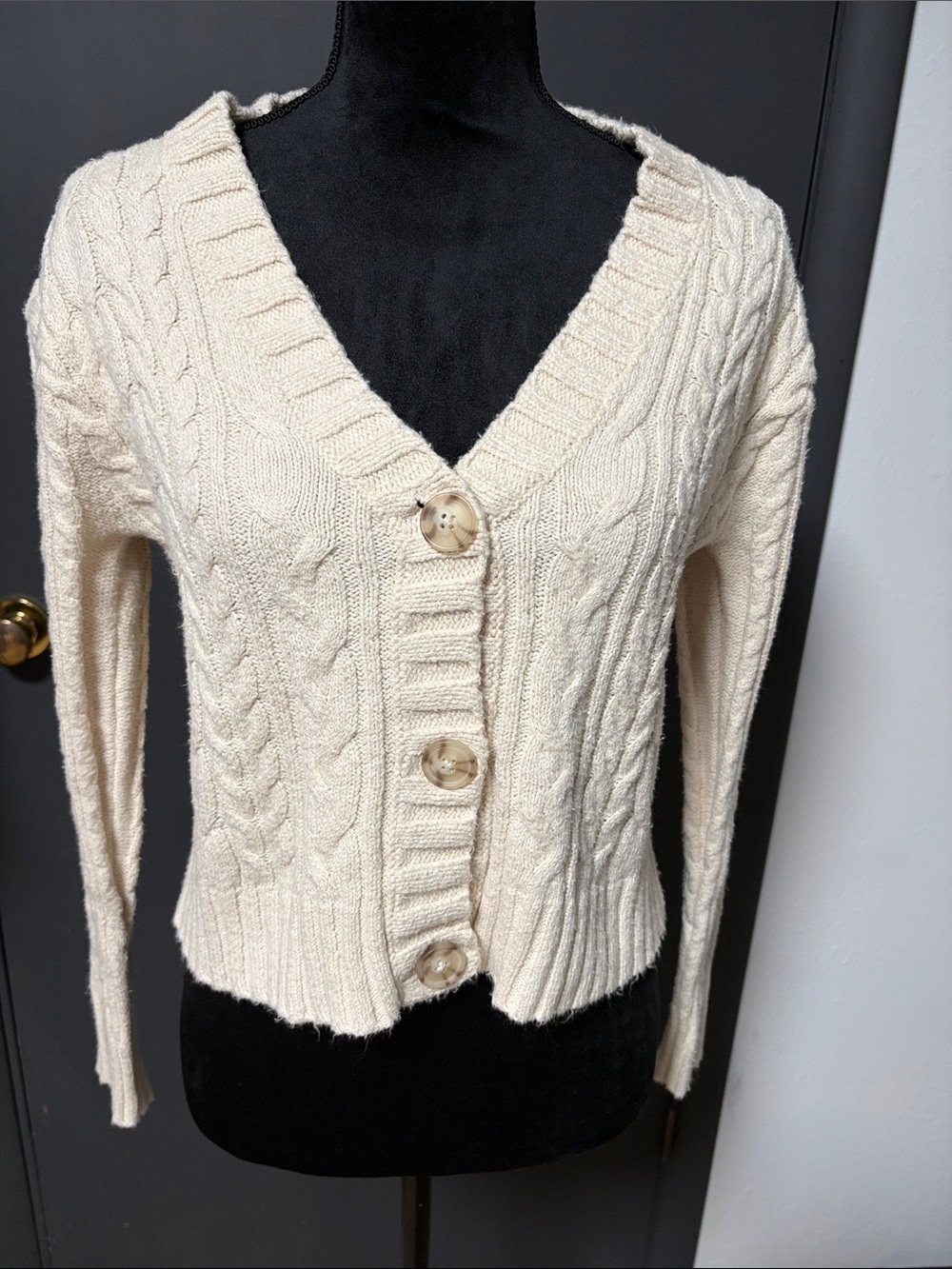 American Eagle Outfitters Cream Cable Knit Button Cardigan